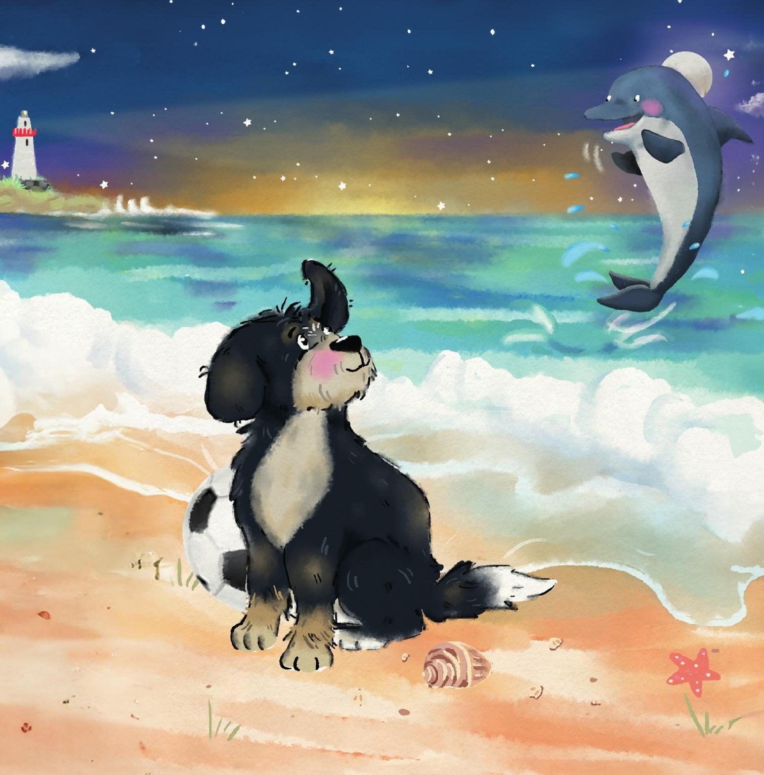 Finn training on the beach with his turtle, seagull and crab friends